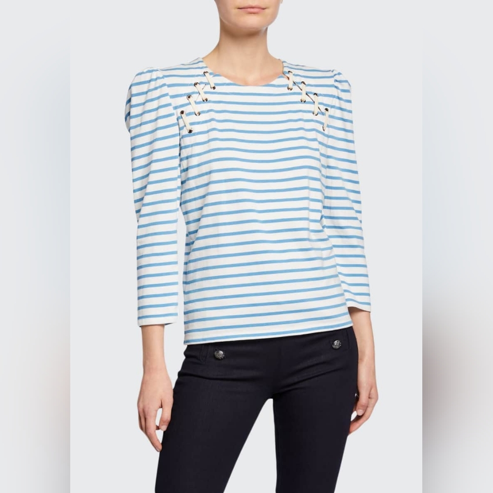 Veronica Beard - Eli Striped 3/4 Sleeve Looped Grommet Baseball Tee - Size XS